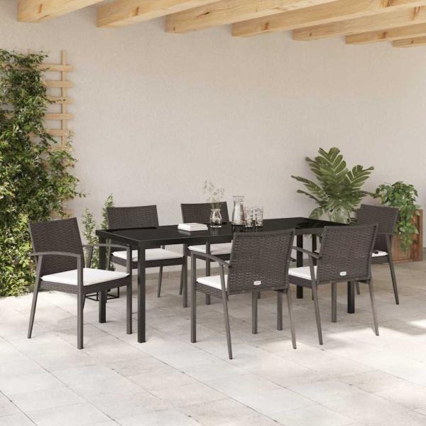 7-teiliges Garten-Esstischset mit Kissen Braun Poly-Rattan