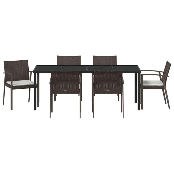 7-teiliges Garten-Esstischset mit Kissen Braun Poly-Rattan