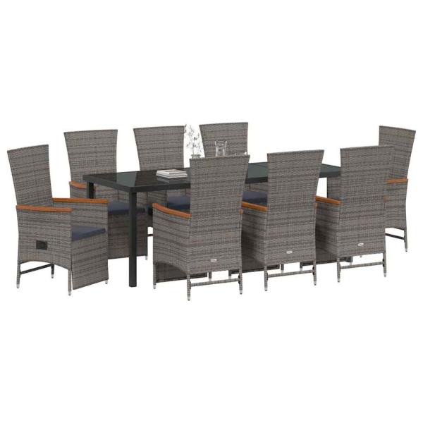 9-teiliges Garten-Dining-Set mit Kissen Grau Poly-Rattan
