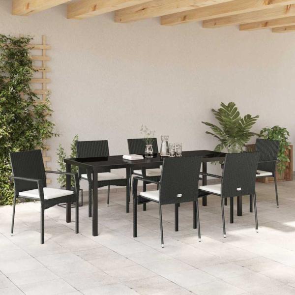 7-teiliges Garten-Essset mit Kissen Schwarz Poly Rattan