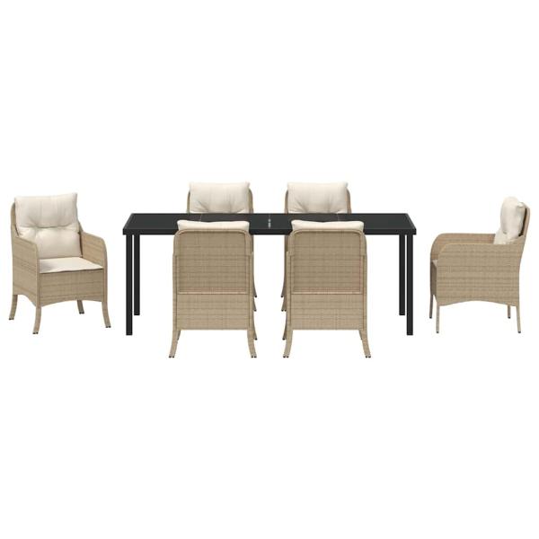 7-teiliges Garten-Ess-Set mit Polstern in Beige aus Poly-Rattan