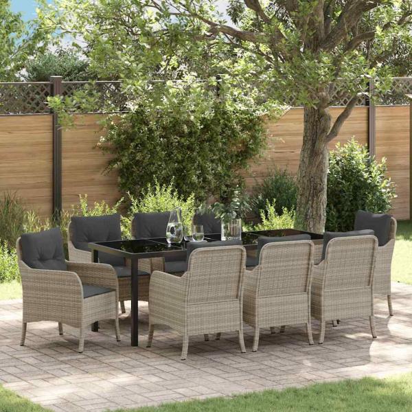 ARDEBO.de - Garten Essgruppe mit Kissen 9 pcs Hellgrau Poly-Rattan