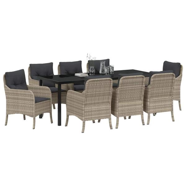 9-teiliges Garten-Ess-Set mit Kissen Hellgrau Poly-Rattan