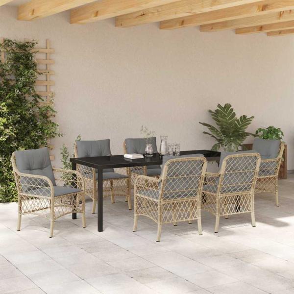 ARDEBO.de - 7-teiliges Garten-Esszimmer-Set mit Kissen Beige Poly Rattan