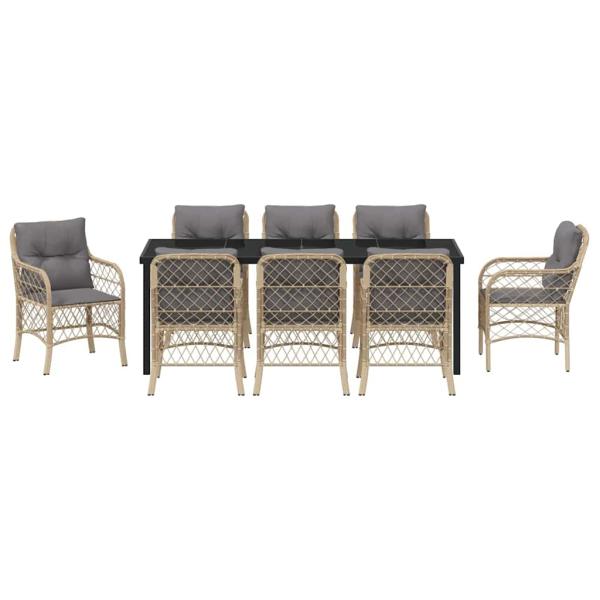 9-teiliges Garten-Esstischset mit Kissen Beige Poly Rattan