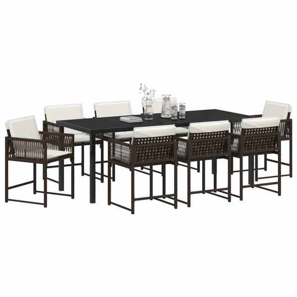 ARDEBO.de - 9-tlg. Garten-Essgruppe mit Kissen Braun Poly Rattan