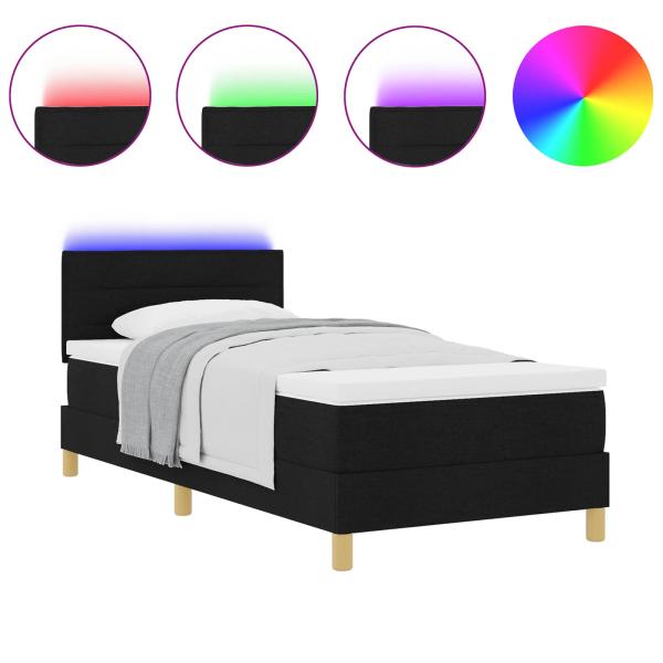 LED Boxspringbett mit Matratze Schwarz 90x200 cm Stoff