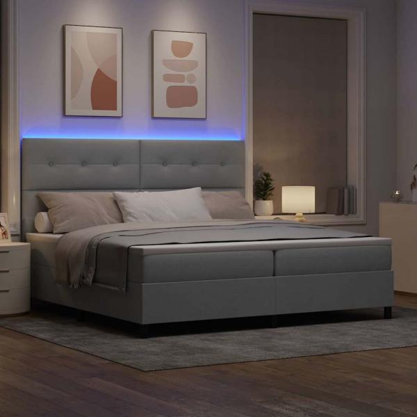 LED Boxspringbett mit Matratze Hellgrau 200x200 cm Stoff