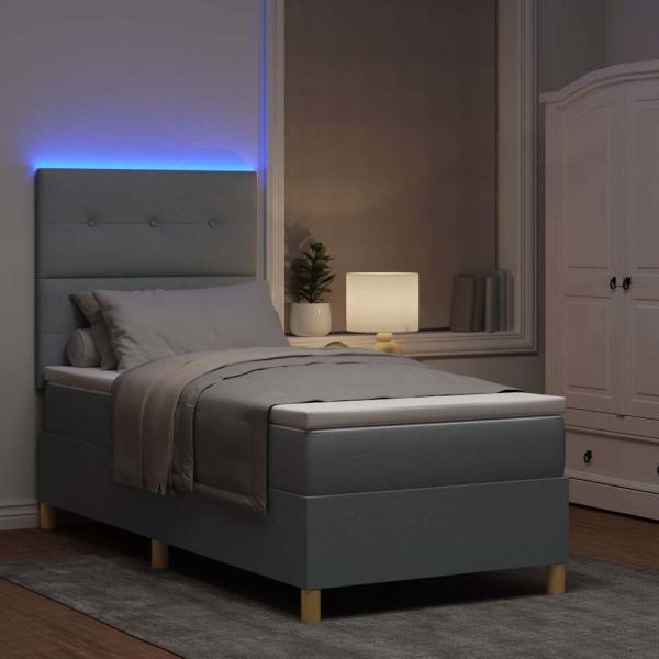 LED Boxspringbett mit Matratze Hellgrau 90x190 cm Stoff