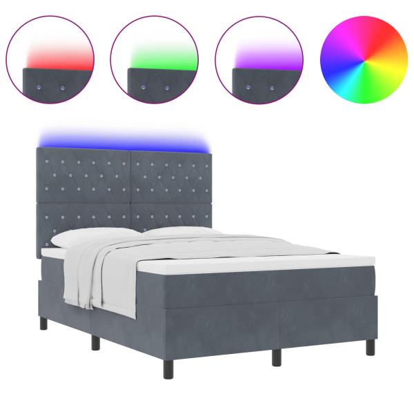 LED Boxspringbett mit Matratze Dunkelgrau 140x200 cm Samt
