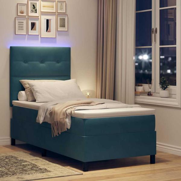 LED Boxspringbett mit Matratze Dunkelblau 90x190 cm Samt