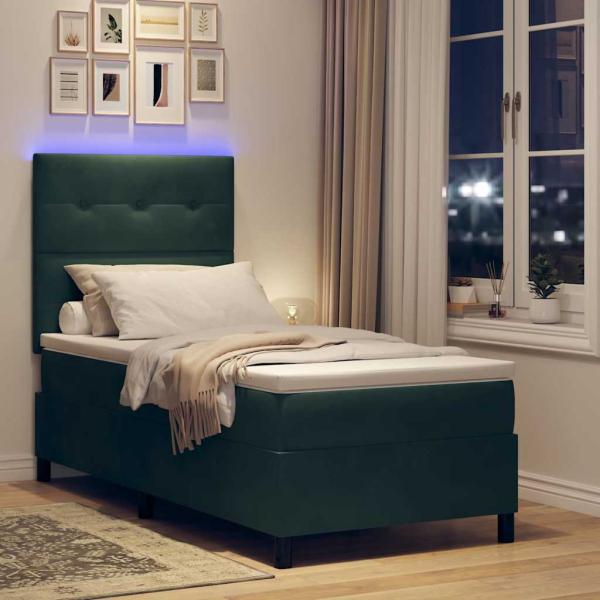 ARDEBO.de - LED Boxspringbett mit Matratze Dunkelgrün 90x200 cm Samt