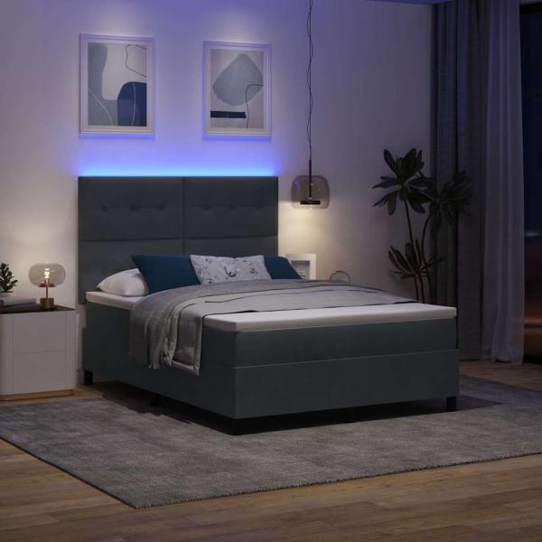 LED Boxspringbett mit Matratze Dunkelgrau 140x190 cm Samt