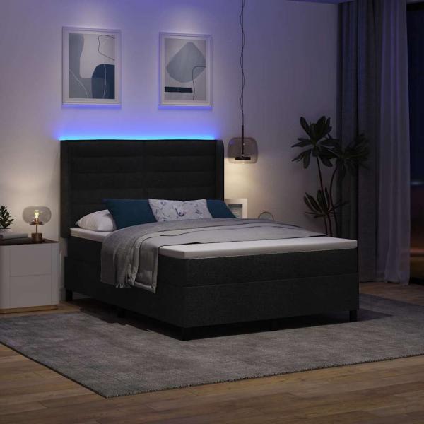 LED Boxspringbett mit Matratze Schwarz 140x190 cm Stoff