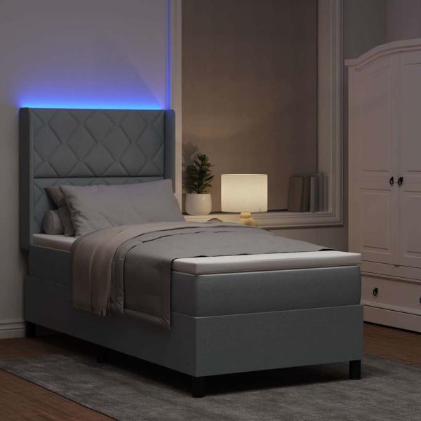LED Boxspringbett mit Kopfteil Hellgrau 100 x 200 cm Stoff