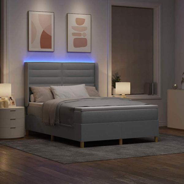 Boxspringbett mit LED-Lichtleisten Hellgrau 140 x 200 cm Stoff