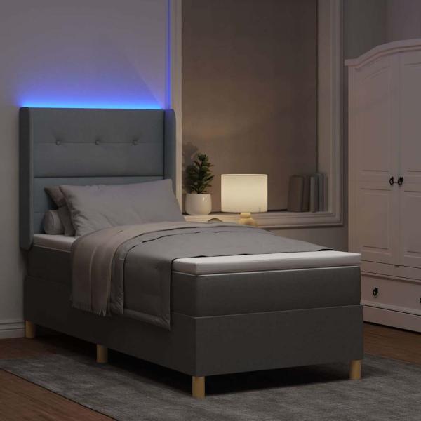LED Boxspringbett mit Matratze Hellgrau 90x200 cm Stoff