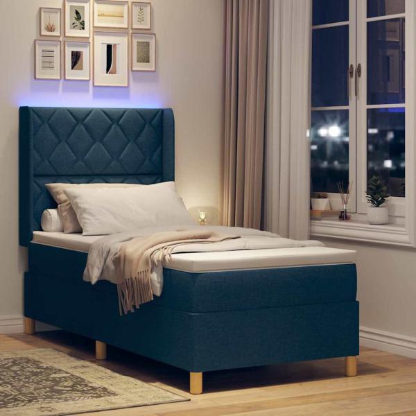 LED Boxspringbett mit Matratze Blau 90x200 cm Stoff
