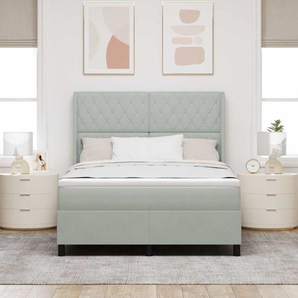 LED Boxspringbett mit Matratze Hellgrau 140x190 cm Samt