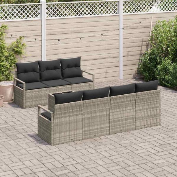 8-Teiliges Garten Sofa Set mit Kissen Hellgrau Poly Rattan