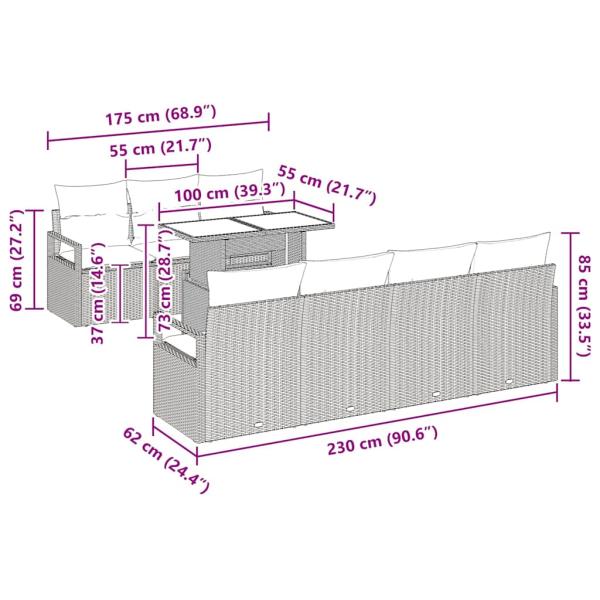 8-teiliges Gartensofa Set mit Kissen Hellgrau Poly Rattan