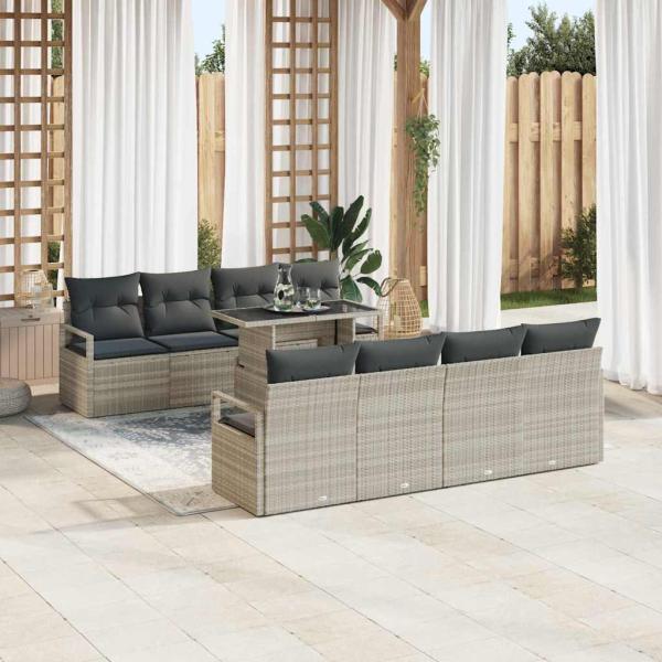 9-teiliges Garten-Sofa-Set mit Kissen Hellgrau Poly Rattan
