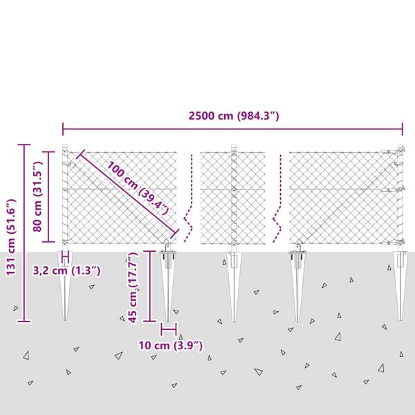 Kettengliedzaun mit 13 Spike-Posten 0,8x25 m verzinkter Stahl