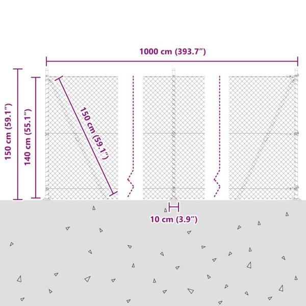 Kettengitterzaun mit 7 geflanschten Pfosten 1,4x10 m verzinkter Stahl