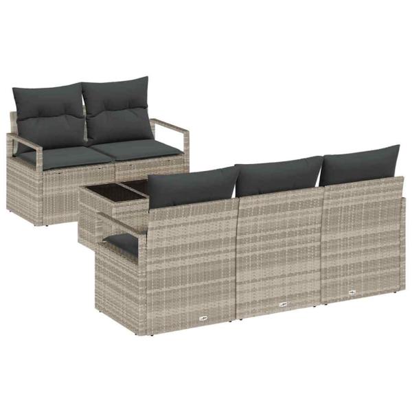 6-tlg. Gartensofa Set mit Kissen Hellgrau Poly Rattan
