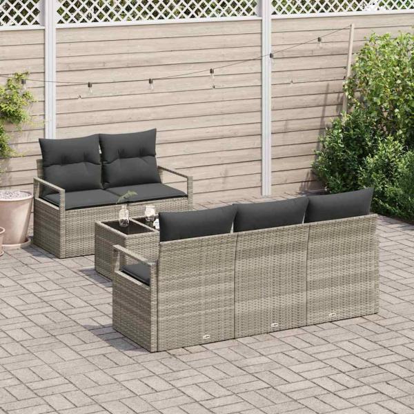 6-tlg. Gartensofa Set mit Kissen Hellgrau Poly Rattan
