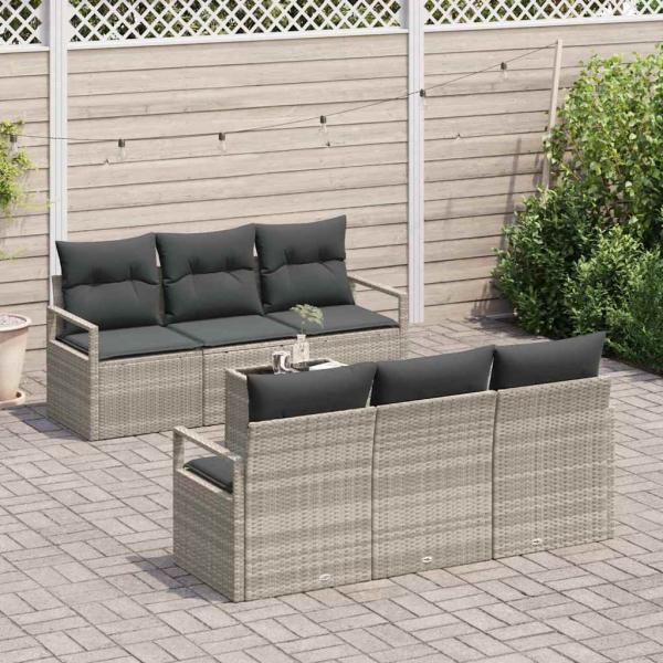 7-teiliges Garten-Sofa-Set mit Kissen in Hellgrau Poly-Rattan