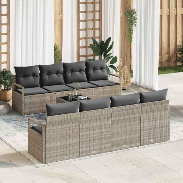 ARDEBO.de - 9-teiliges Garten Sofa Set mit Kissen Hellgrau Poly Rattan