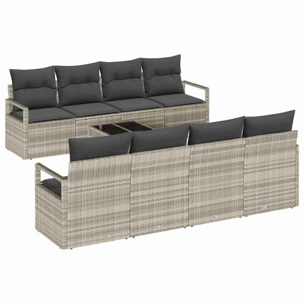 9-teiliges Garten Sofa Set mit Kissen Hellgrau Poly Rattan