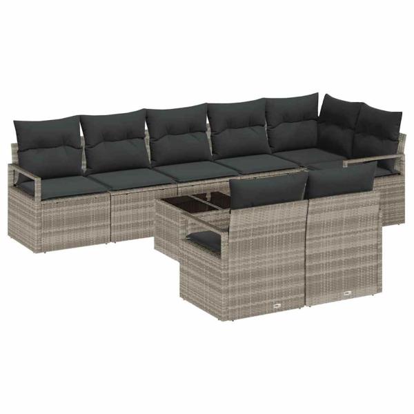 9-teiliges Garten Sofa Set mit Kissen Grau Poly Rattan