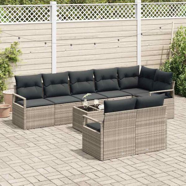 9-teiliges Garten Sofa Set mit Kissen Grau Poly Rattan