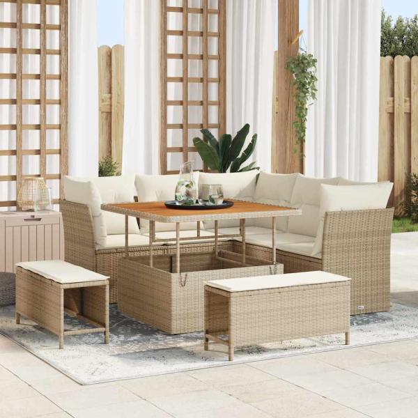 ARDEBO.de - 8-teilige Garten Sofagarnitur mit Kissen Beige Poly Rattan Akazie