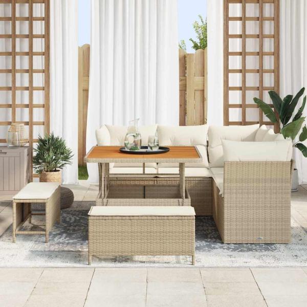 8-teilige Garten Sofagarnitur mit Kissen Beige Poly Rattan Akazie