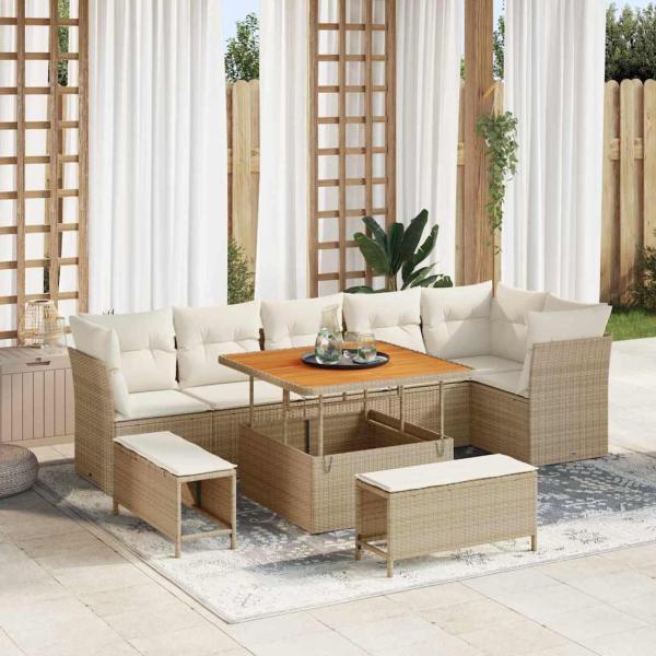 ARDEBO.de - 9-teiliges Gartensofa Set mit Kissen beige Poly Rattan Akazie