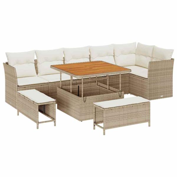 9-teiliges Gartensofa Set mit Kissen beige Poly Rattan Akazie