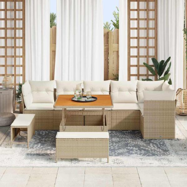 9-teiliges Gartensofa Set mit Kissen beige Poly Rattan Akazie