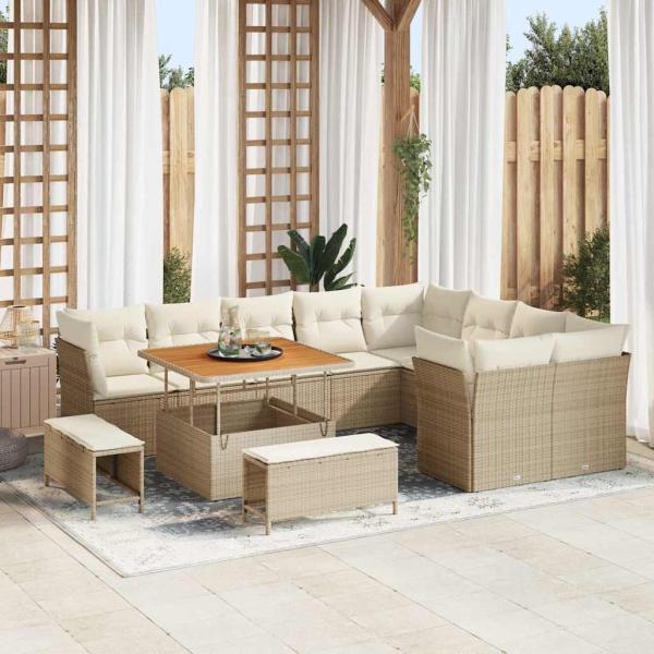 ARDEBO.de - 12-teiliges Garten Sofa Set mit Kissen Beige Poly Rattan Akazie