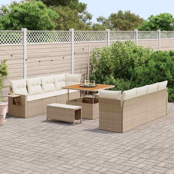 ARDEBO.de - 11-teiliges Gartensofa-Set mit Kissen Beige Poly Rattan Akazie