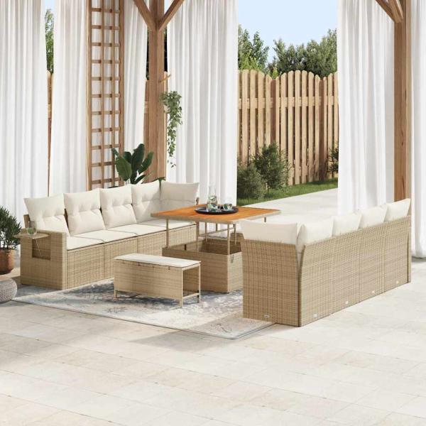 11-teiliges Gartensofa-Set mit Kissen Beige Poly Rattan Akazie