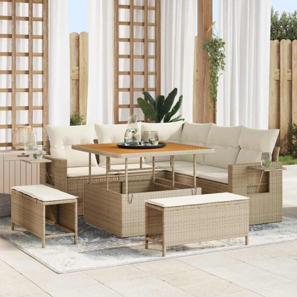 ARDEBO.de - 8-tlg. Garten-Sofagarnitur mit Kissen Beige Poly Rattan Akazie