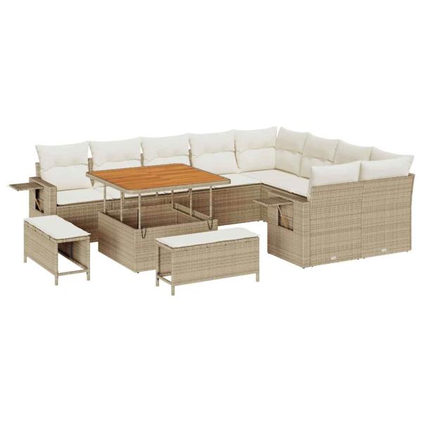 12-teiliges Garten-Sofa-Set mit Kissen Beige Poly-Rattan Akazie