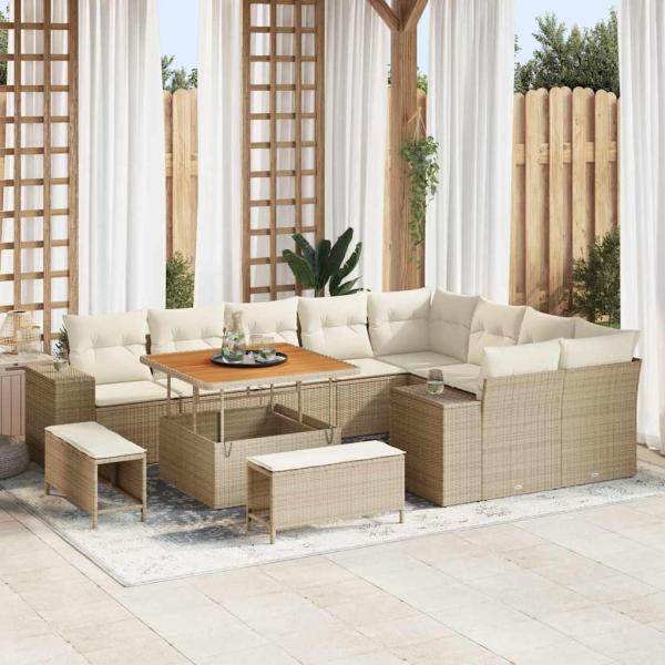 ARDEBO.de - 12-teiliges Garten-Sofa-Set mit Kissen Beige Poly Rattan Akazie