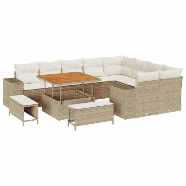 12-teiliges Garten-Sofa-Set mit Kissen Beige Poly Rattan Akazie
