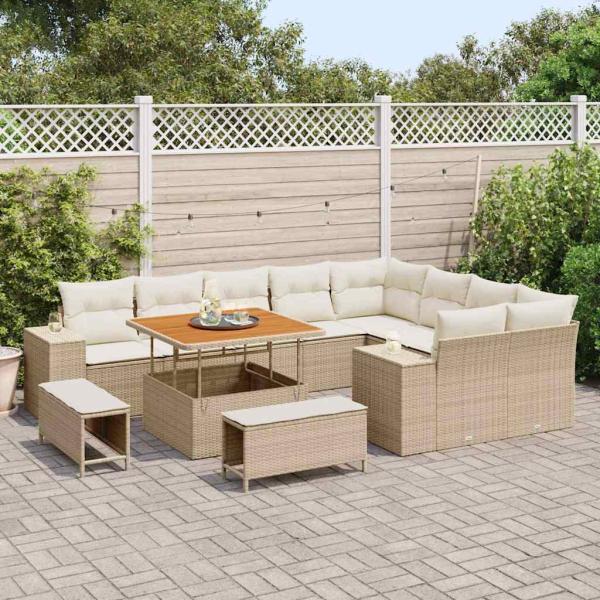 12-teiliges Garten-Sofa-Set mit Kissen Beige Poly Rattan Akazie