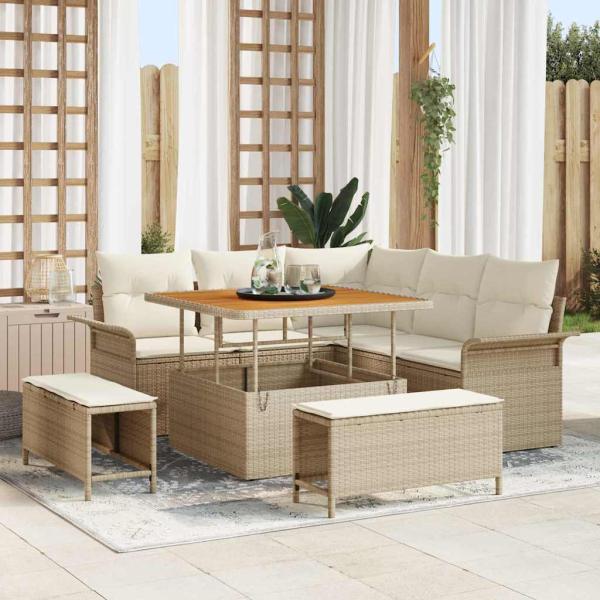 ARDEBO.de - 8-teiliges Garten-Sofa-Set mit Kissen Beige Poly Rattan Akazie