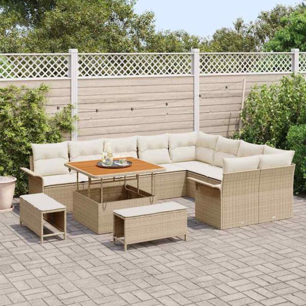 12-teiliges Garten Sofa Set mit Kissen Beige Poly Rattan Akazie